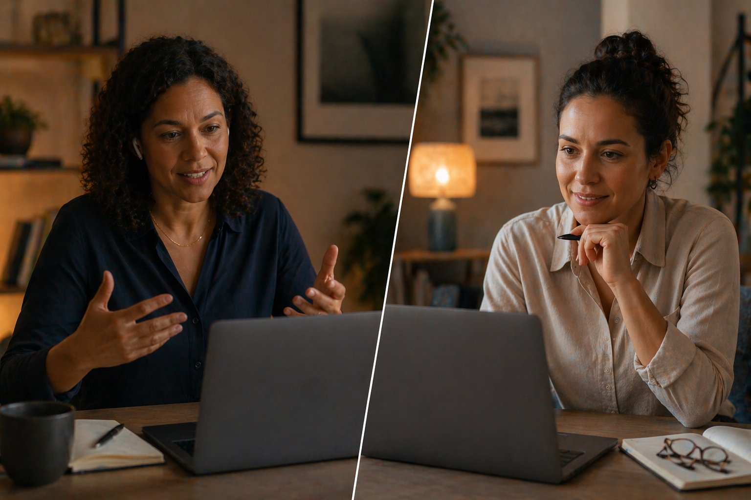 Video conference coaching scene representing neurodiversity-informed workplace leadership and professional development.
